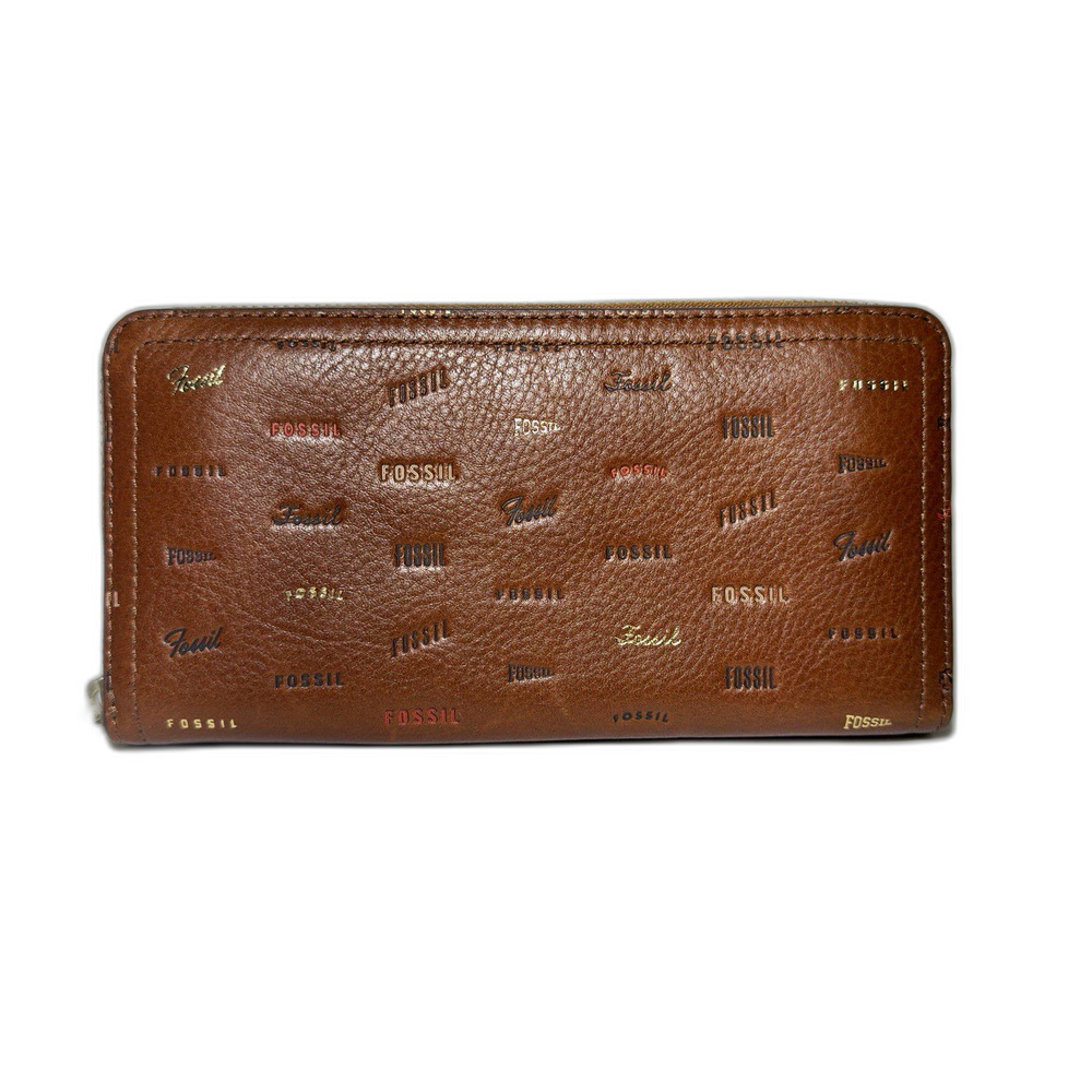 Fossil Women’s Brown Leather Logo Pattern Zip-Around Credit Card Wallet NWOT